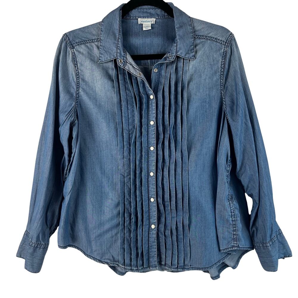 Sundance Womens Tessa Chambray Pintuck Shirt PM Petite Medium Blue Snap Button
